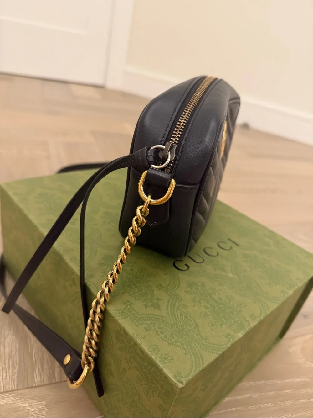 Gucci Black Chevron Quilted Leather Mini Crossbody with Gold GG